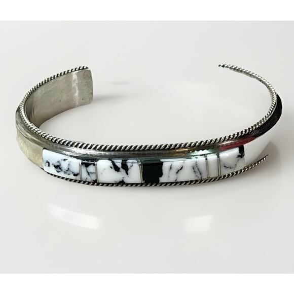 Navajo Handmade Sterling Silver White Buffalo Inlay Cuff Bracelet by F Yazzie - Picture 2 of 16
